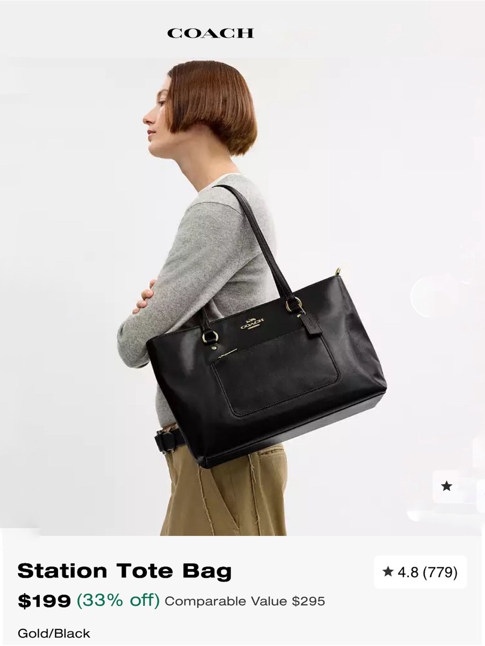 Coach Station Tote Bag in Black Crossgrain Leather w/Gold-Tone Hardware - Picture 4 of 16
